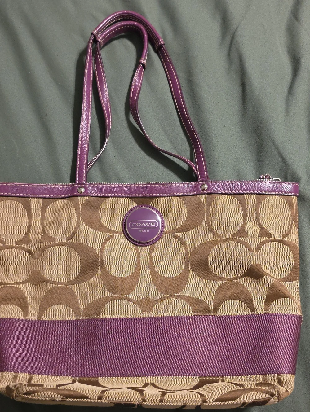 Coach Tan Canvas Tote with Purple Trim and Handles